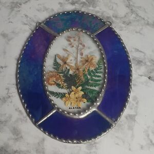 Vintage Blue Stained Glass Window Catcher Hanging Pressed Flowers of Alaska